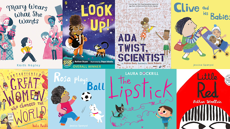 Book cover collage for picture books that tackle gender stereotypes